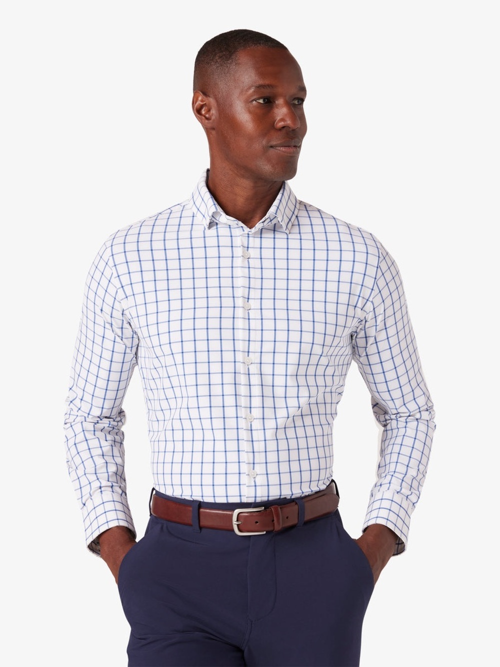 Mizzen + Main blue and white window pane button down shirt Leeward